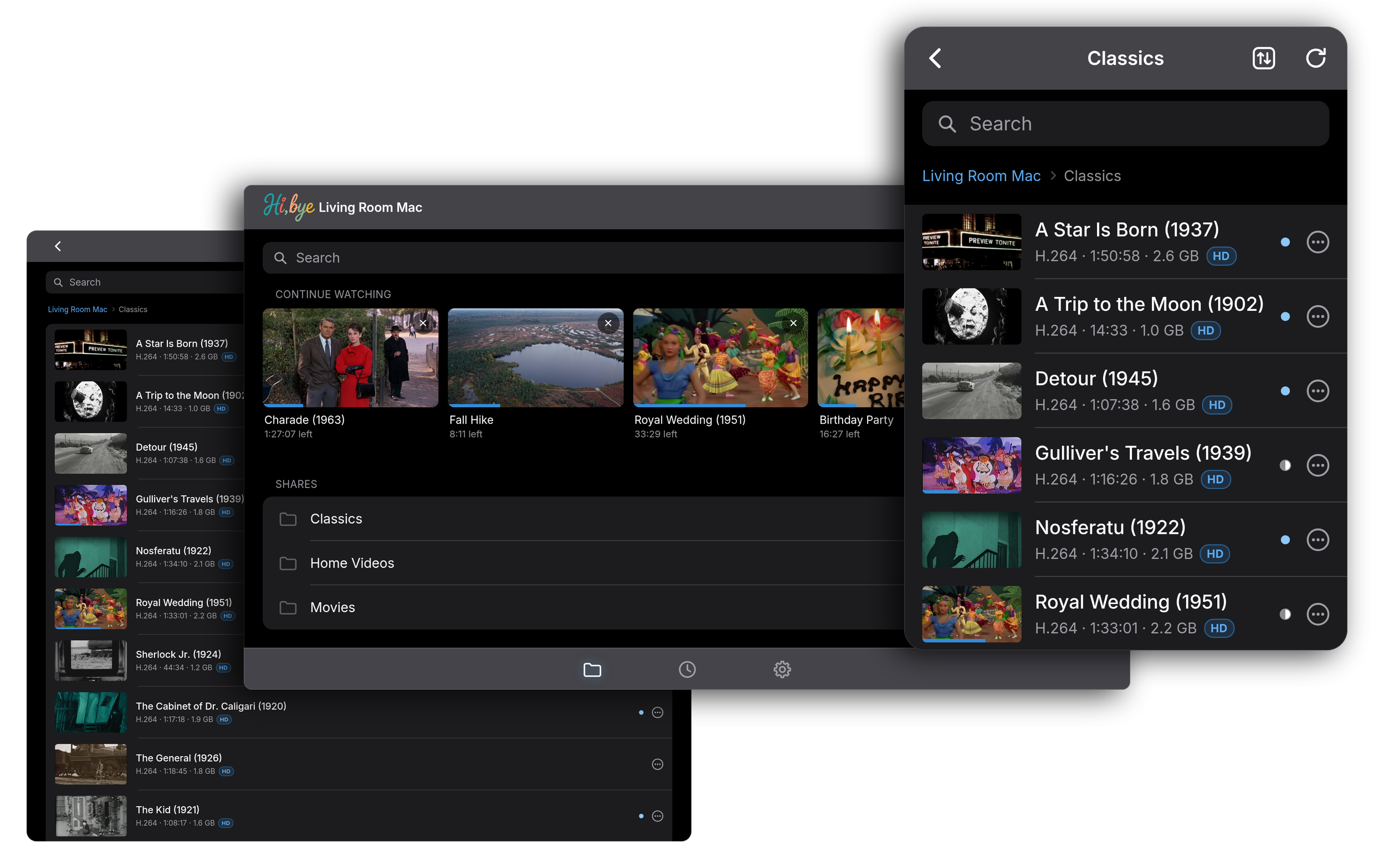 Hi, bye on desktop, iPad and iPhone, showing a Classics folder.