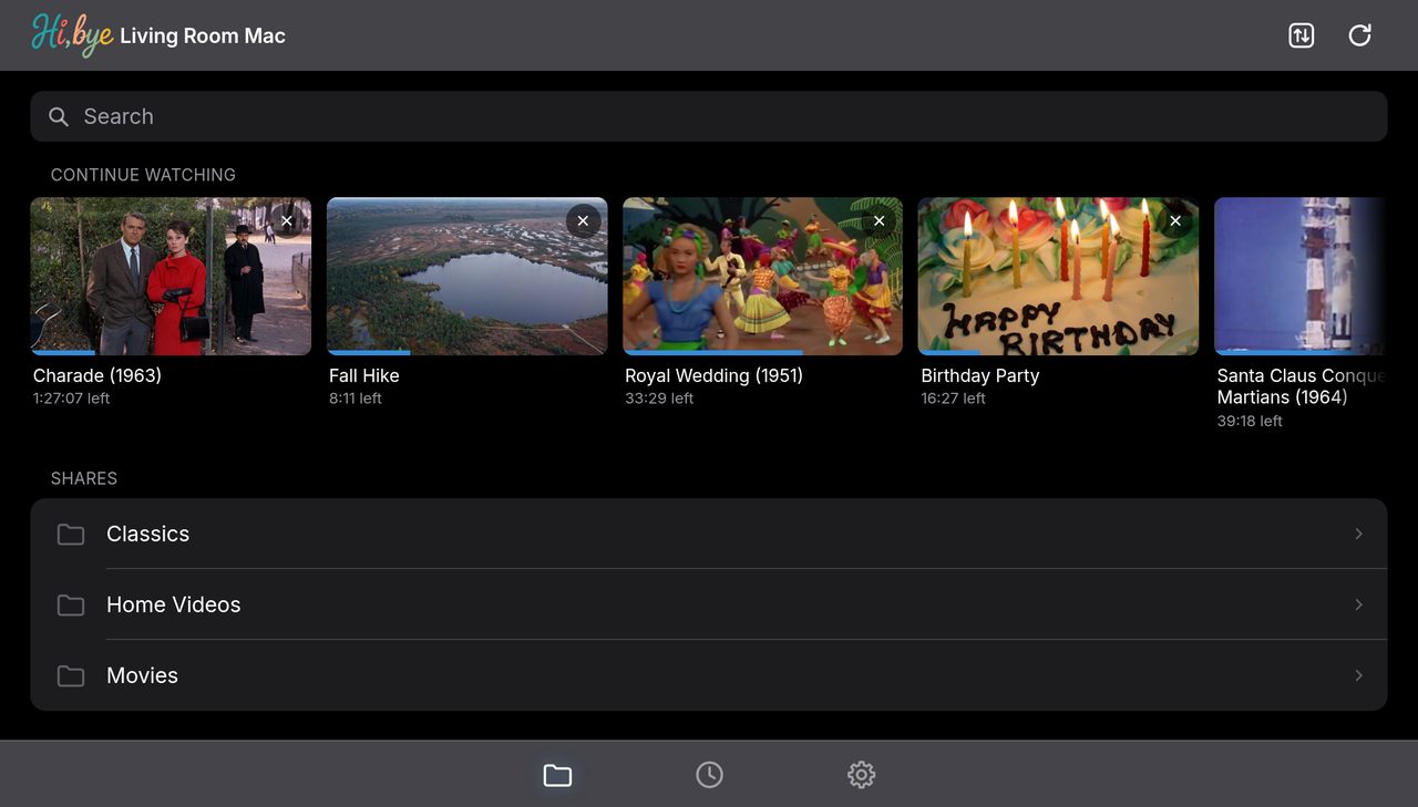 Hi, bye home screen in a desktop browser: a Continue Watching row with Charade, Fall Hike, Royal Wedding, Birthday Party and Santa Claus Conquers the Martians, above the Classics, Home Videos and Movies shares.